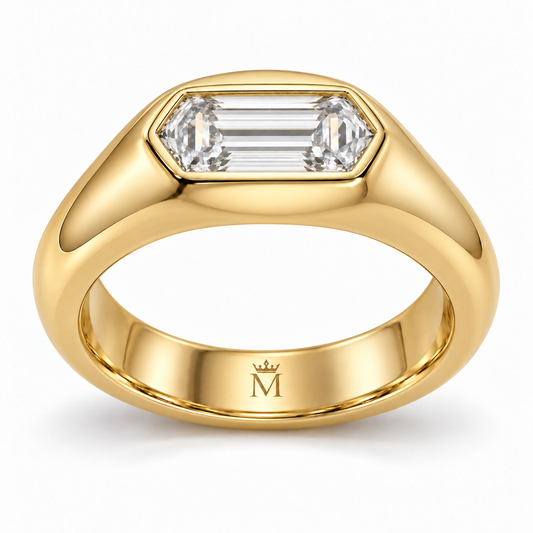 MISSISSI Dune 2 carat hexagonal lab-grown diamond signet ring in 14K yellow gold, front view showing the inner crowned-M mark