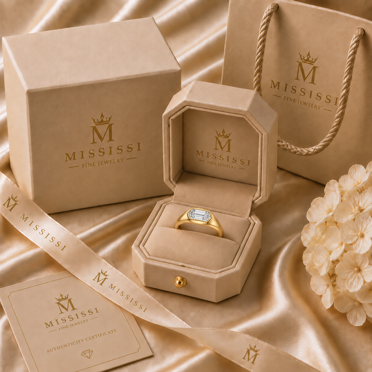 MISSISSI Dune 2 carat hexagonal lab-grown diamond signet ring in 14K yellow gold, official branded packaging