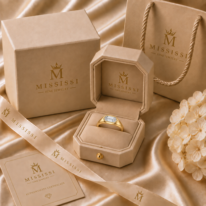 MISSISSI Dune 2 carat hexagonal lab-grown diamond signet ring in 14K yellow gold, official branded packaging