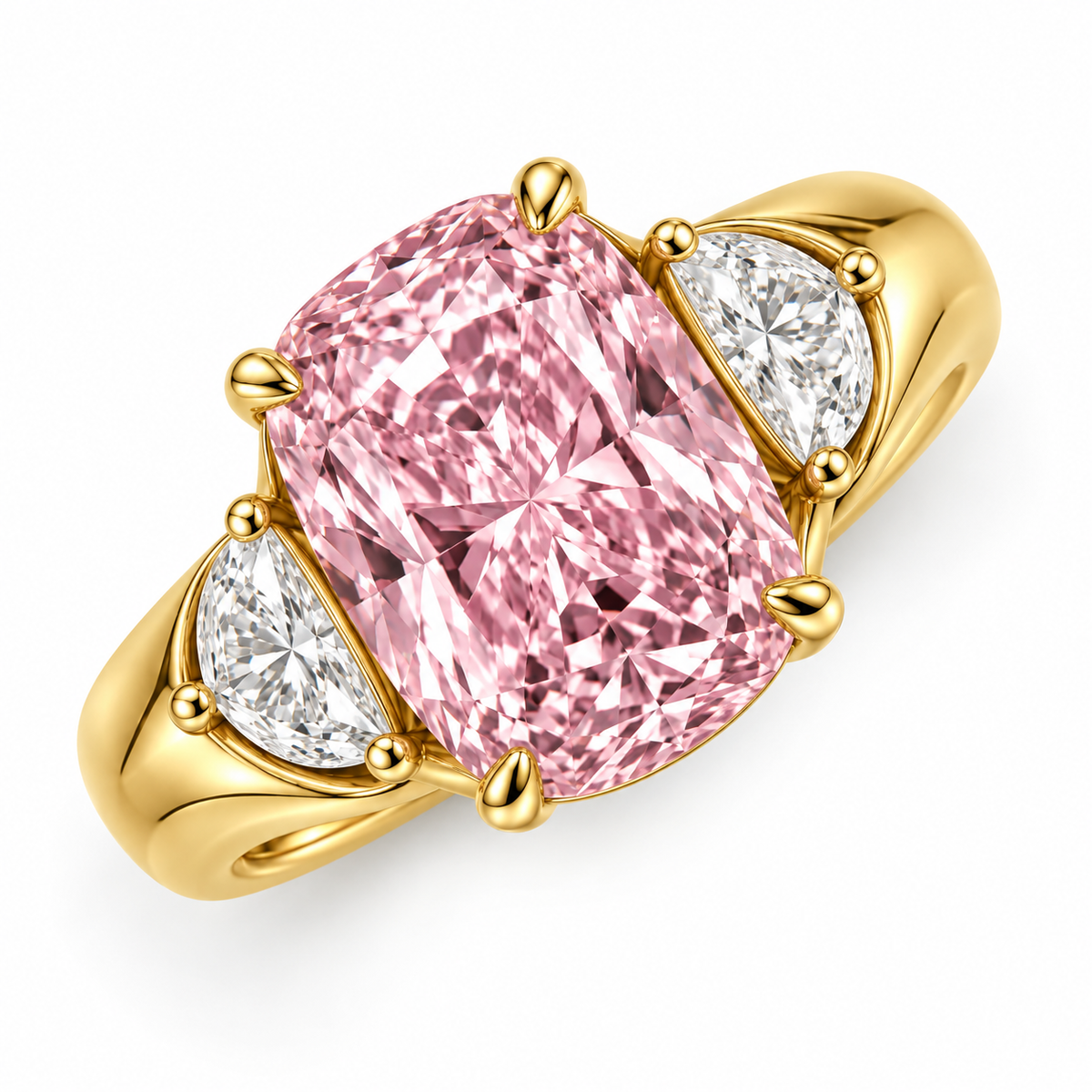 Blush Meridian pink cushion lab-grown diamond ring in yellow gold, elevated view of pink cushion center and shoulders