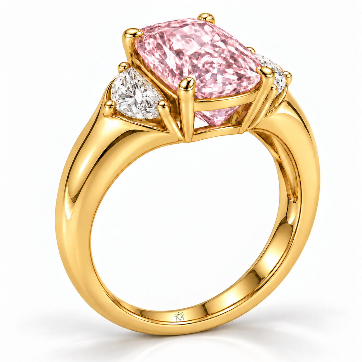 Blush Meridian pink cushion-cut lab-grown diamond ring, side view of the setting