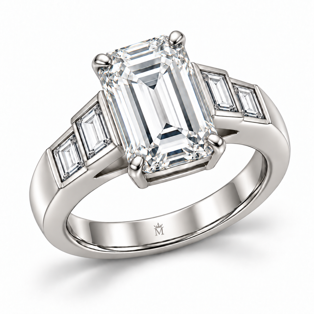 Step Cadence white emerald-cut lab-grown diamond ring, elevated view of the center and shoulders