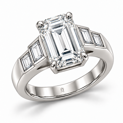 Step Cadence white emerald-cut lab-grown diamond ring, elevated view of the center and shoulders