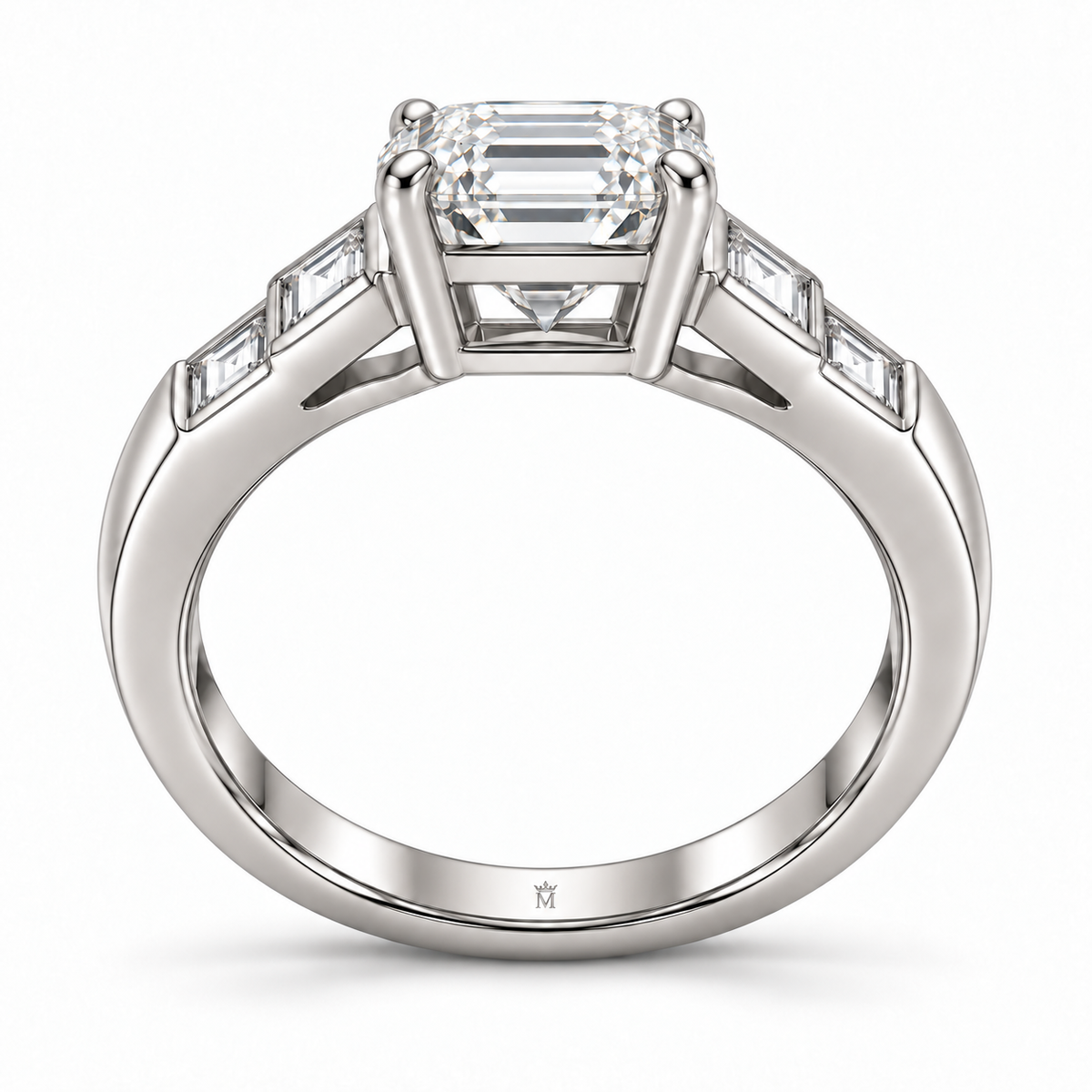 Step Cadence white emerald-cut lab-grown diamond ring, side view of the setting
