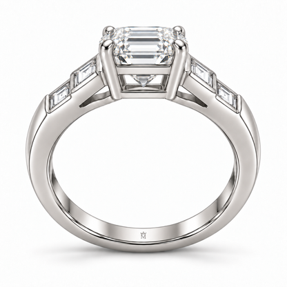 Step Cadence white emerald-cut lab-grown diamond ring, side view of the setting