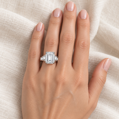 Step Cadence white emerald-cut lab-grown diamond ring, worn on a left ring finger