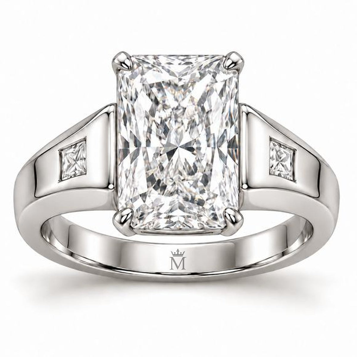 Radiant Plane white radiant-cut lab-grown diamond ring with four corner claws, broad white-metal shoulders and two square accents, front design view