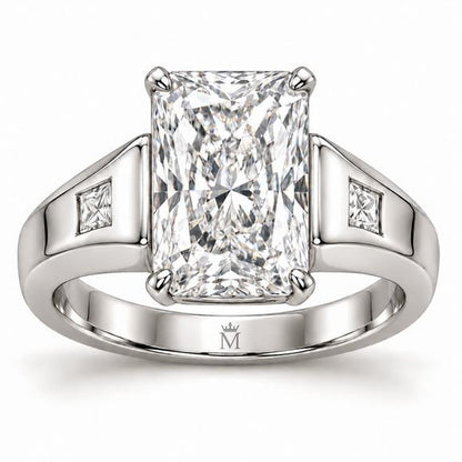 Radiant Plane white radiant-cut lab-grown diamond ring with four corner claws, broad white-metal shoulders and two square accents, front design view