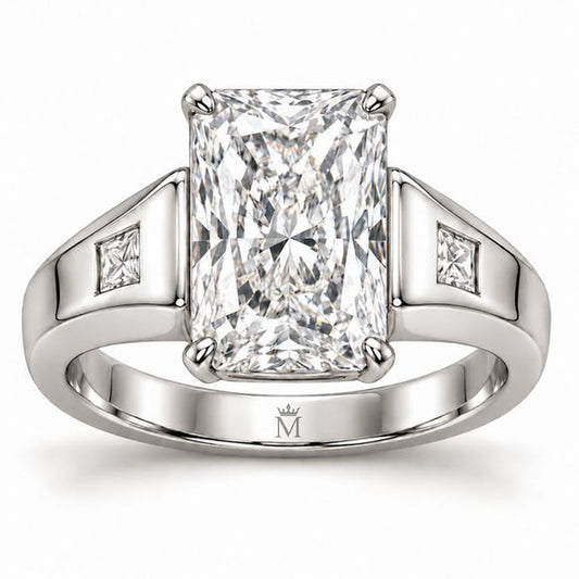 Radiant Plane white radiant-cut lab-grown diamond ring with four corner claws, broad white-metal shoulders and two square accents, front design view