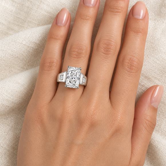 Radiant Plane worn on an adult left ring finger; design visualization and illustrative scale