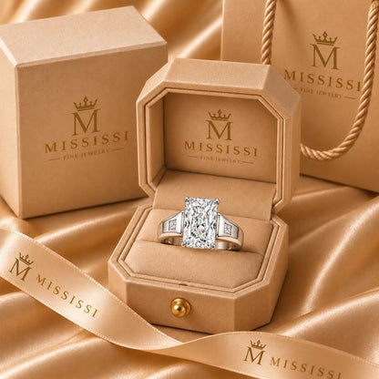 Radiant Plane ring in champagne MISSISSI Fine Jewelry packaging; design visualization