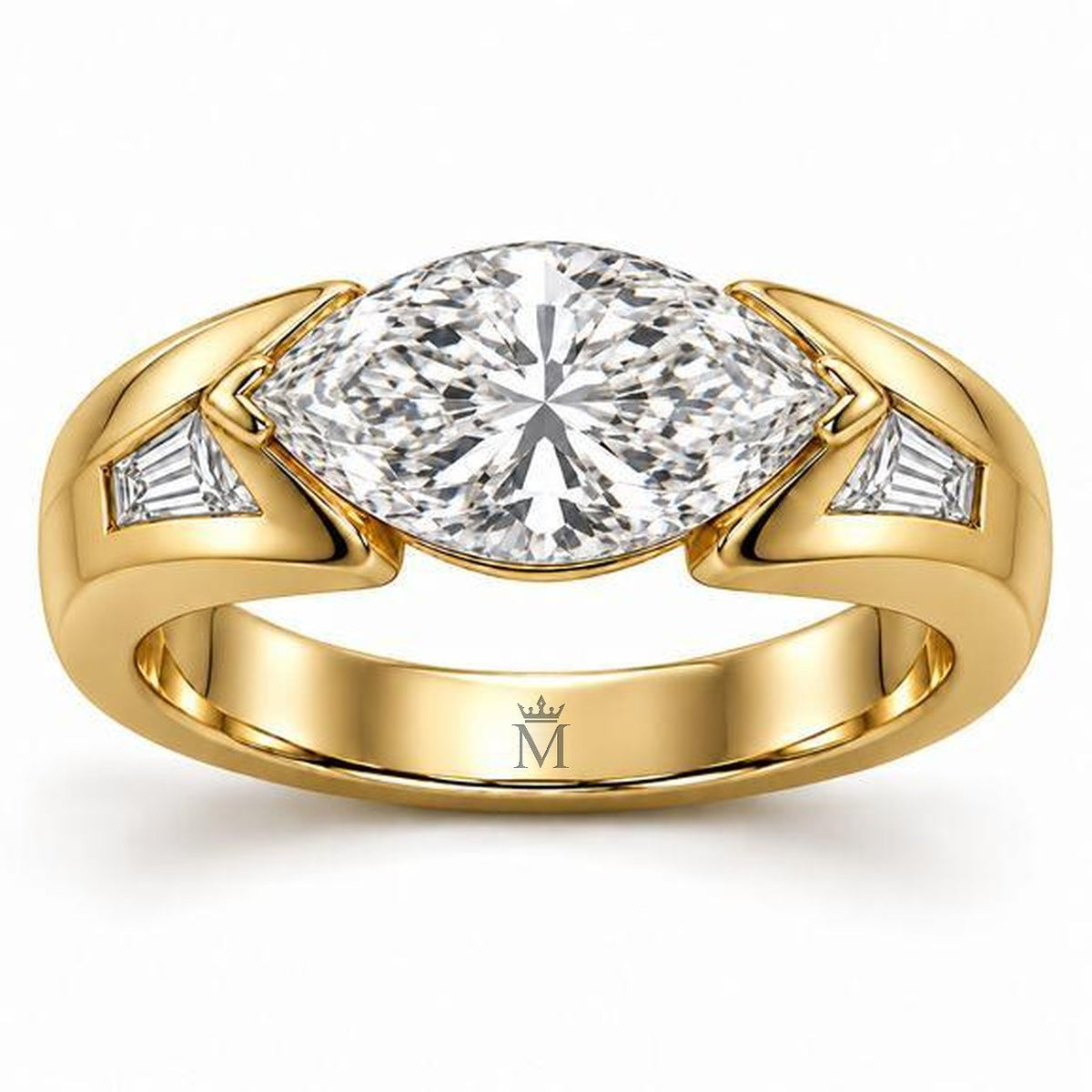 Marquise Horizon yellow-metal ring with an east-west marquise center and two tapered baguette accents, front design view