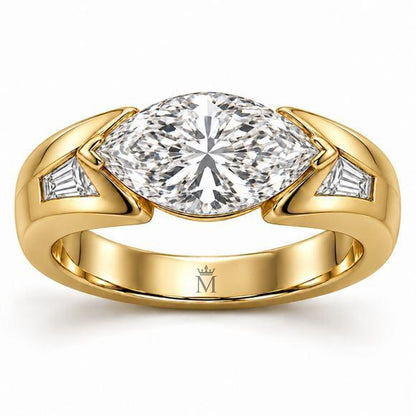 Marquise Horizon yellow-metal ring with an east-west marquise center and two tapered baguette accents, front design view