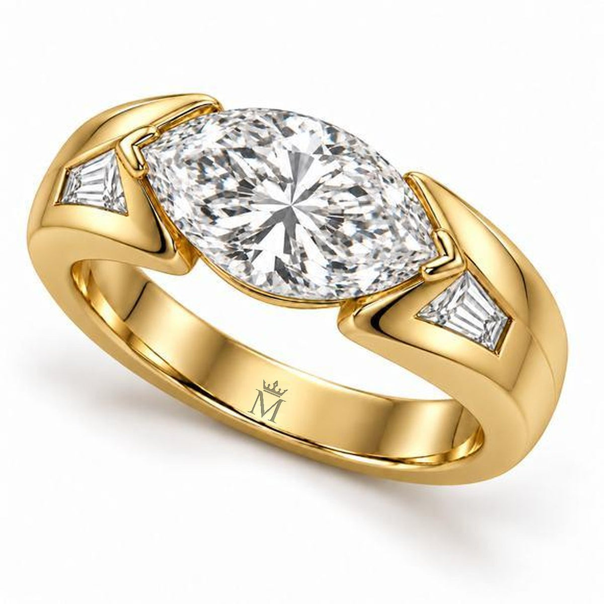 Elevated design view of the Marquise Horizon ring showing its horizontal marquise, V-shaped end protectors and sculpted shoulders