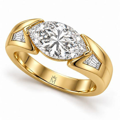 Elevated design view of the Marquise Horizon ring showing its horizontal marquise, V-shaped end protectors and sculpted shoulders