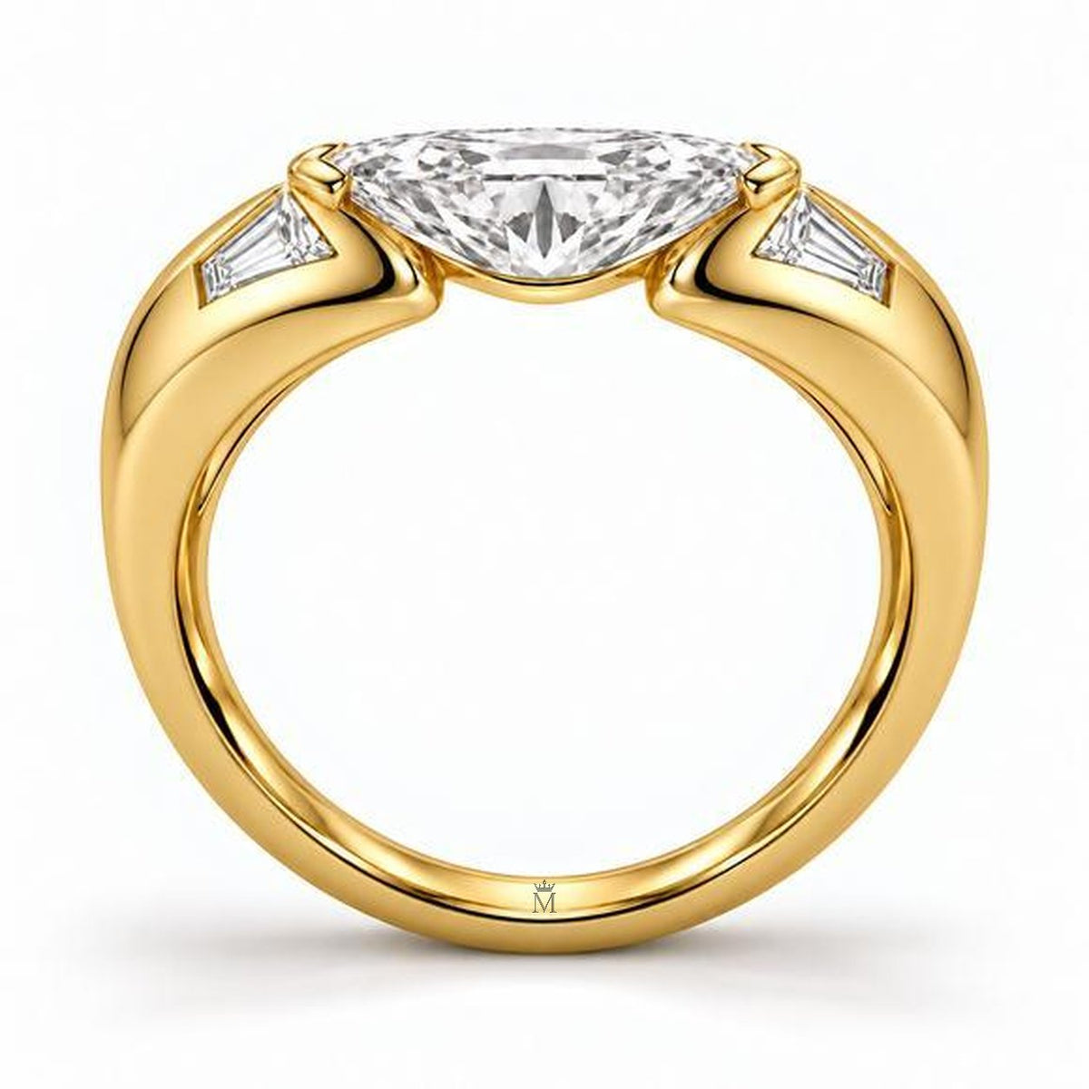Side design view of the Marquise Horizon ring showing the marquise setting, broad shoulders and inner-band crown-M