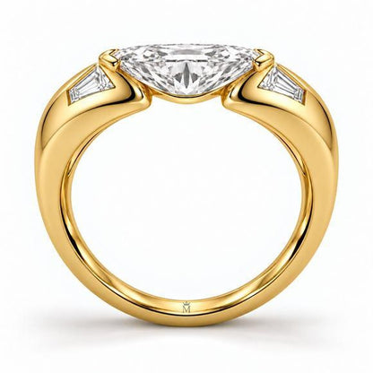 Side design view of the Marquise Horizon ring showing the marquise setting, broad shoulders and inner-band crown-M