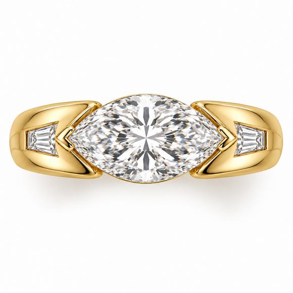 Overhead design view of the Marquise Horizon ring with an east-west marquise and one tapered baguette accent on each shoulder