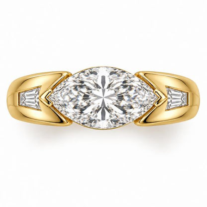 Overhead design view of the Marquise Horizon ring with an east-west marquise and one tapered baguette accent on each shoulder