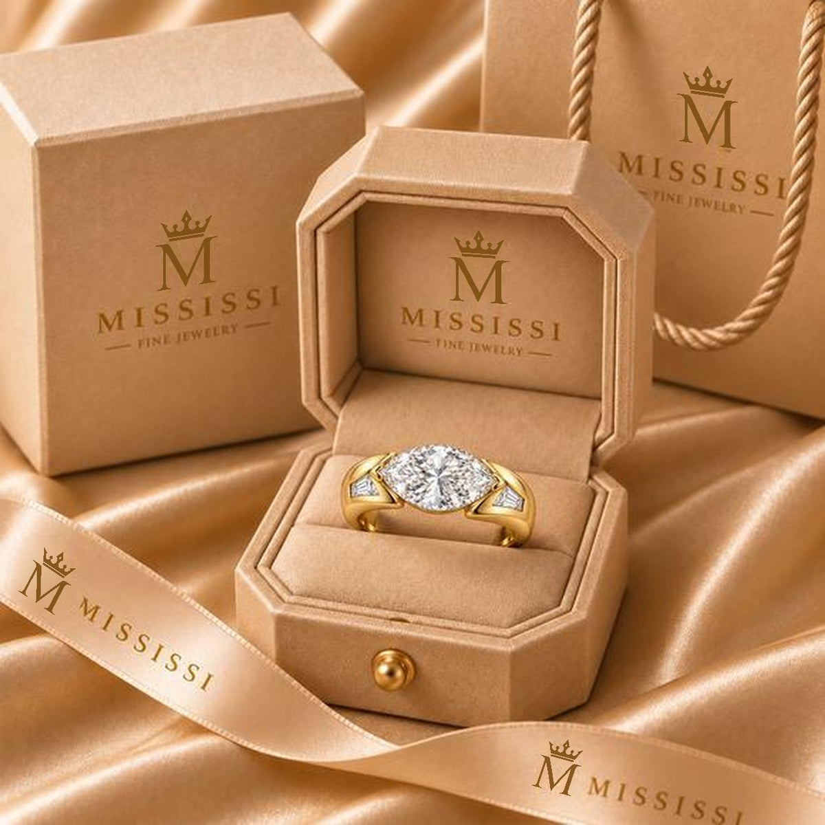 Marquise Horizon ring illustrated in champagne-colored MISSISSI Fine Jewelry packaging with box, bag and ribbon