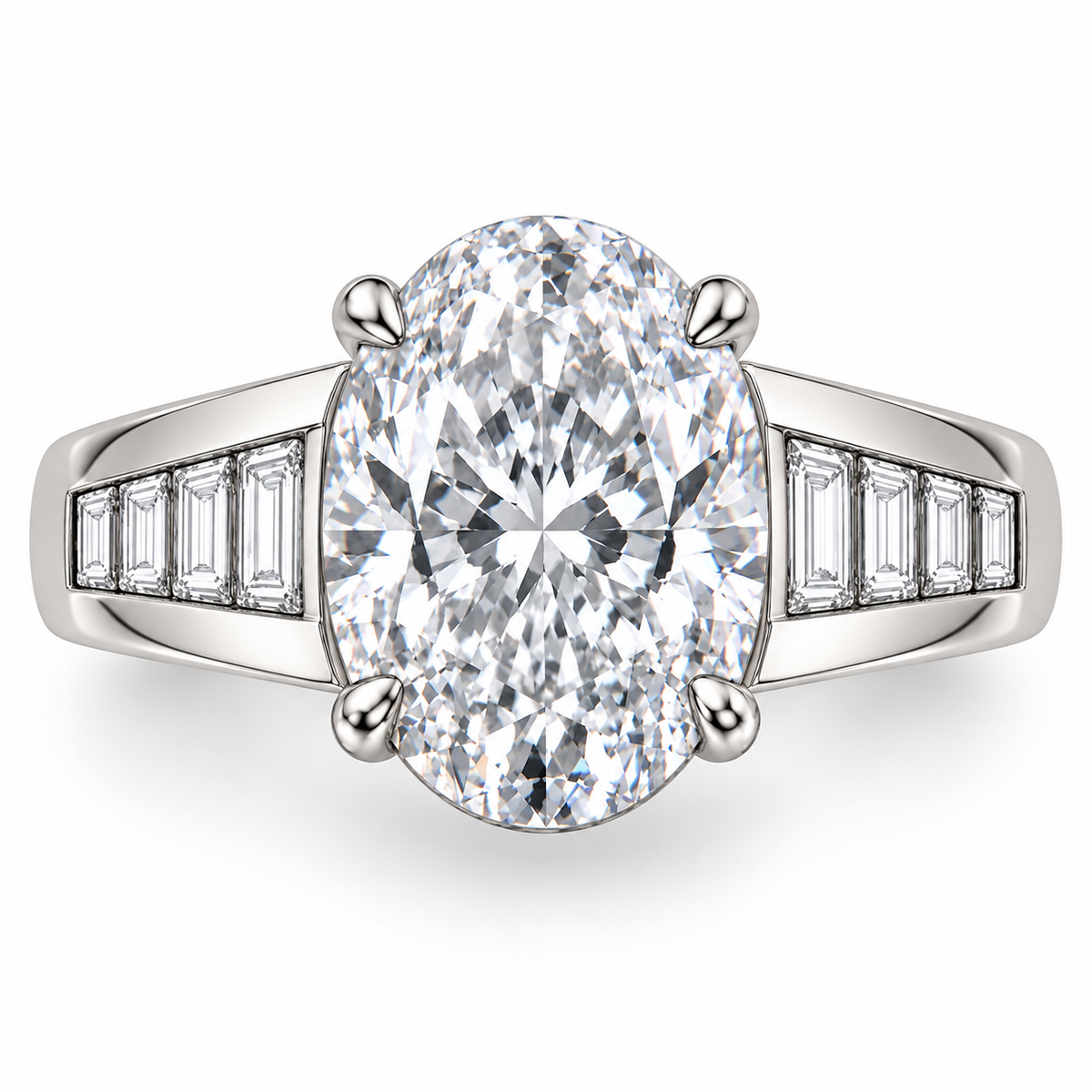 Face-up detail design view of the Oval Cadence ring showing one four-claw oval center and four baguette accents on each shoulder