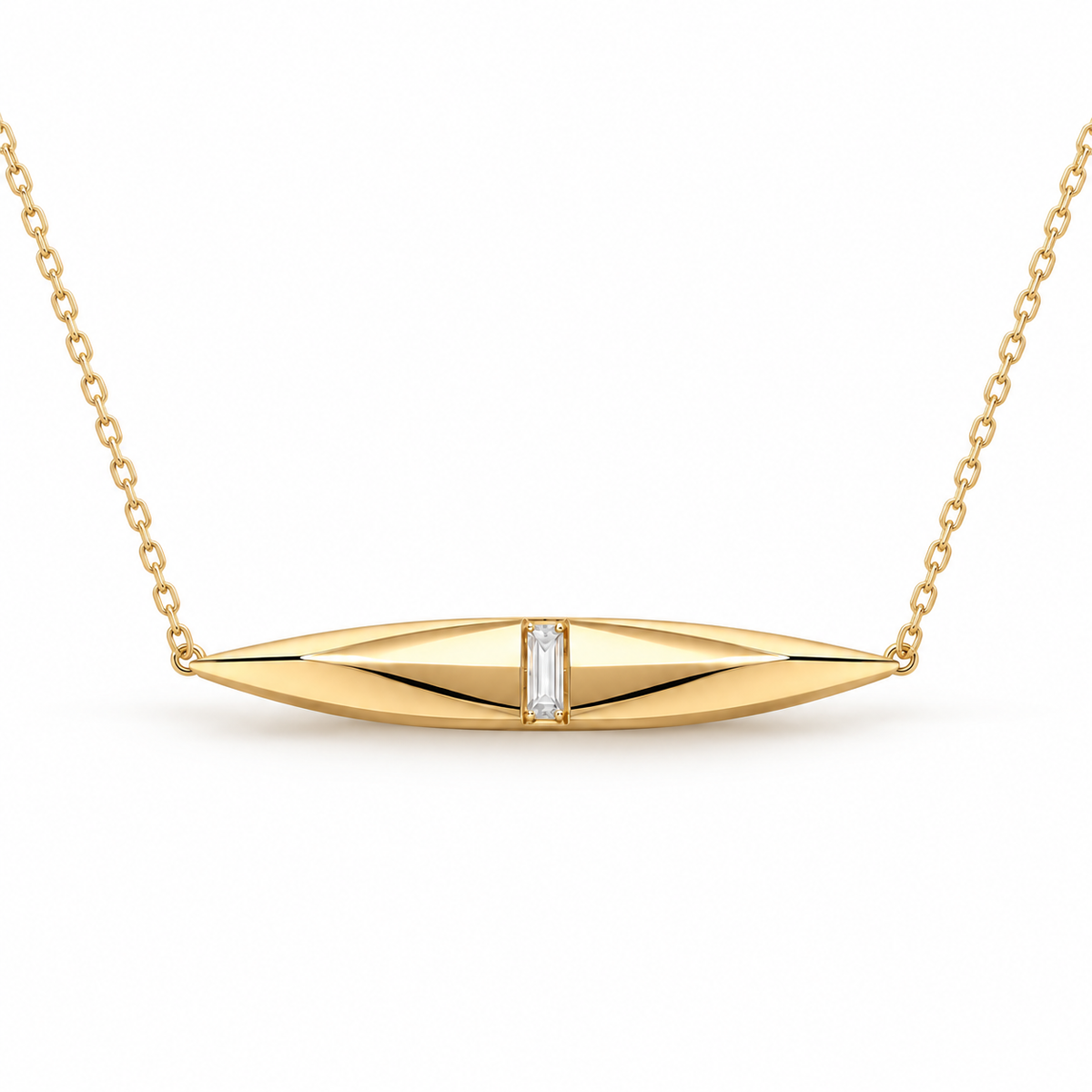 MISSISSI FACET LINE design visualization in yellow gold, front view of the faceted spindle pendant and central rectangular lab-grown diamond.