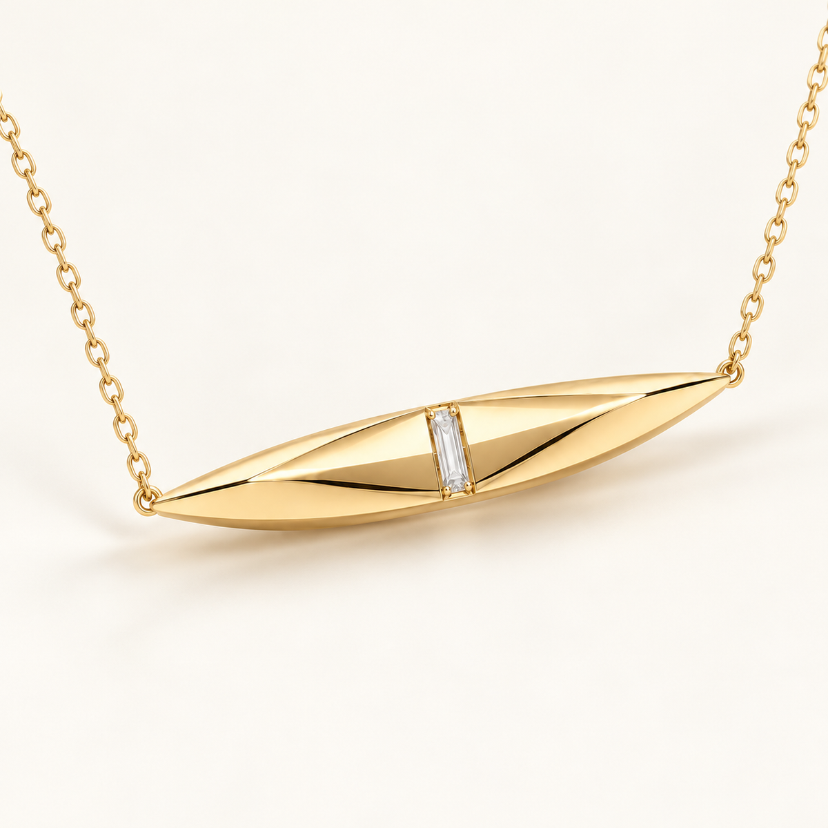 MISSISSI FACET LINE design visualization in yellow gold, three-quarter view of the pointed pendant and angular polished facets.