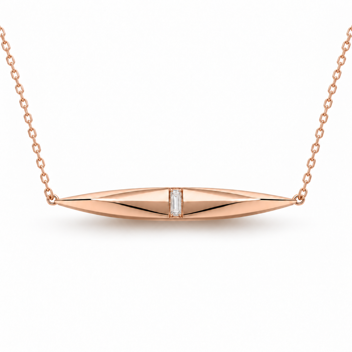 MISSISSI FACET LINE design visualization in rose gold, front view of the faceted spindle pendant and central rectangular lab-grown diamond.