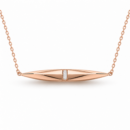 MISSISSI FACET LINE design visualization in rose gold, front view of the faceted spindle pendant and central rectangular lab-grown diamond.