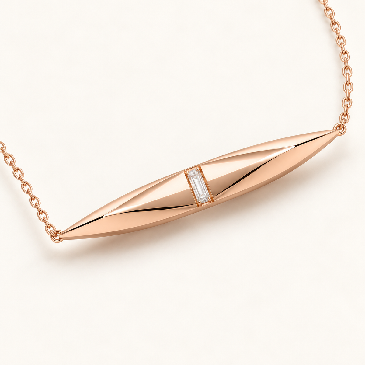 MISSISSI FACET LINE design visualization in rose gold, three-quarter view of the pointed pendant and angular polished facets.