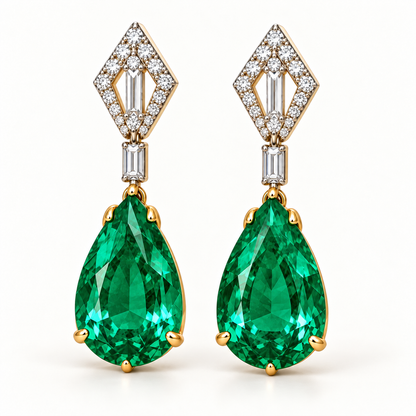 MISSISSI Verdant Kite GE26-E02, matching pear emerald earrings in a subtle oblique front view; gold-color design visualization.