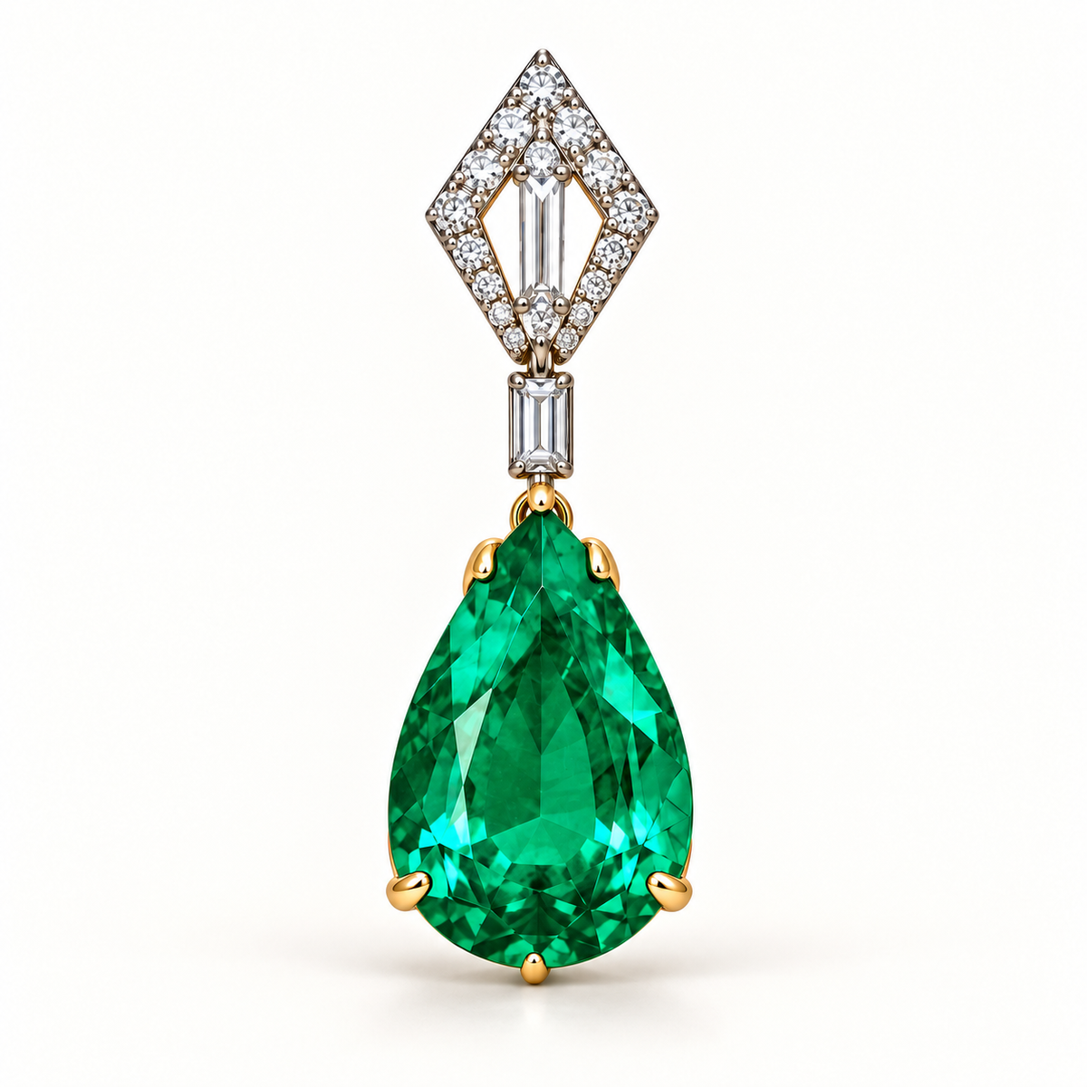 MISSISSI Verdant Kite GE26-E02, individual earring front study showing the complete kite and pear drop; design visualization. Sold as a matched pair.
