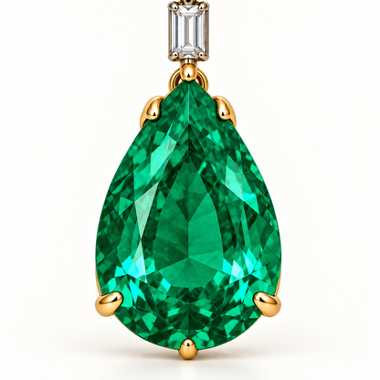 MISSISSI Verdant Kite GE26-E02, pear lab-grown emerald and yellow-gold prong detail; design visualization.