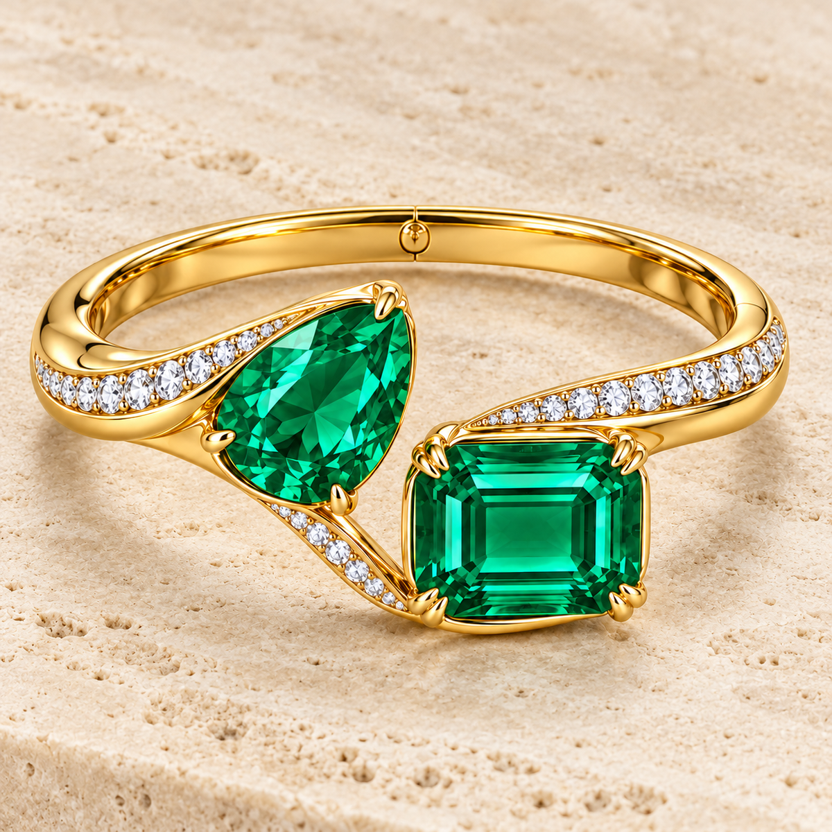 MISSISSI Verdant Duet GE26-B02 emerald bypass bangle on ivory stone; gold-color design visualization.