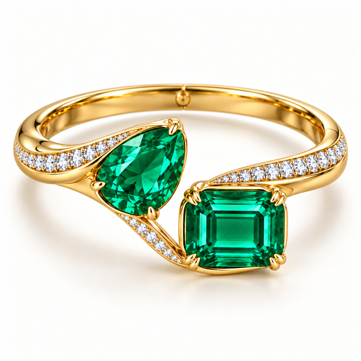 MISSISSI Verdant Duet GE26-B02 emerald bypass bangle, subtle oblique front view; gold-color design visualization.