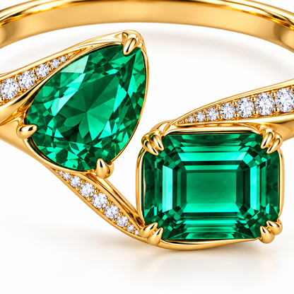 MISSISSI Verdant Duet GE26-B02, pear and emerald-cut lab-grown emerald detail with diamond ribbon accents; design visualization.