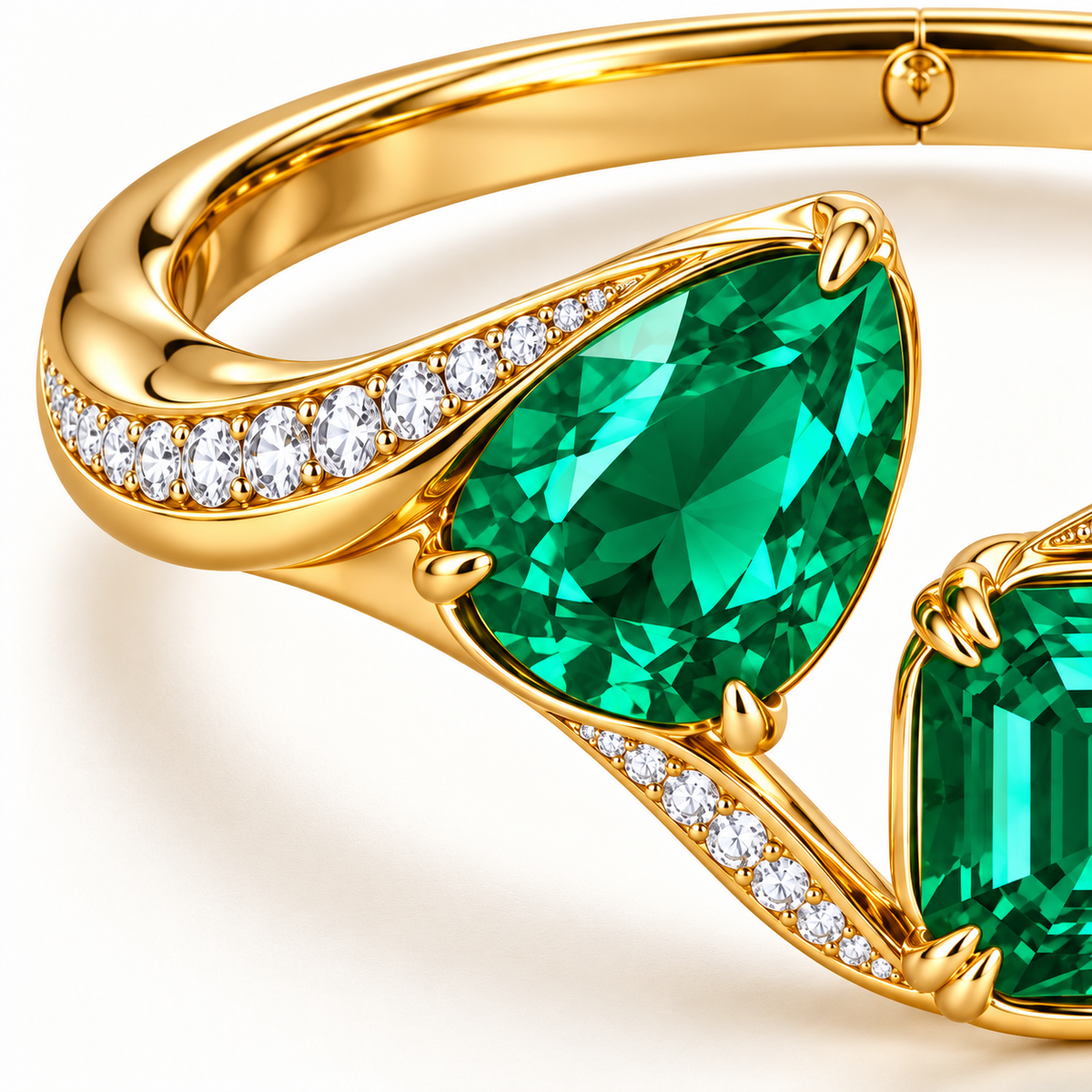 MISSISSI Verdant Duet GE26-B02, pear emerald and diamond ribbon setting detail; gold-color design visualization.