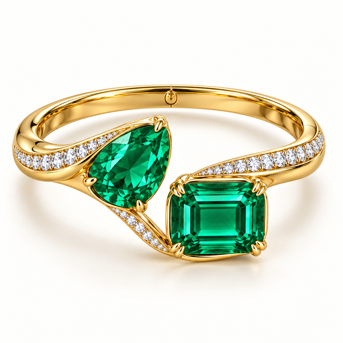 MISSISSI Verdant Duet GE26-B02, pear and emerald cut green emerald bangle with white diamond accents; gold-color design visualization.