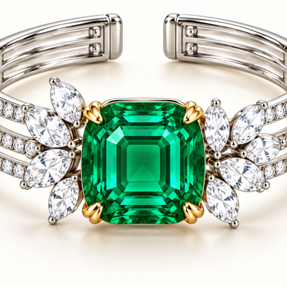 MISSISSI Verdant Laurel GE26-B03, cushion emerald and gold prong setting detail; two-tone design visualization.