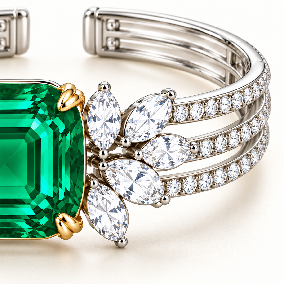 MISSISSI Verdant Laurel GE26-B03, marquise leaf spray and three diamond-paved rails detail; two-tone design visualization.