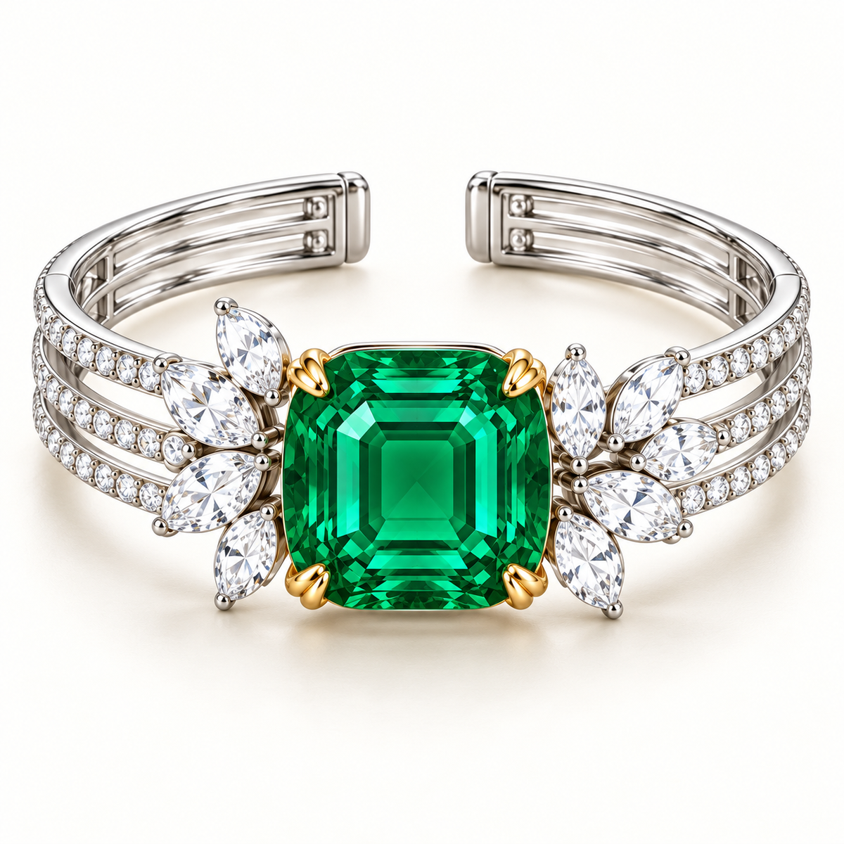 MISSISSI Verdant Laurel GE26-B03, cushion green emerald cuff with white diamond accents; gold-color design visualization.