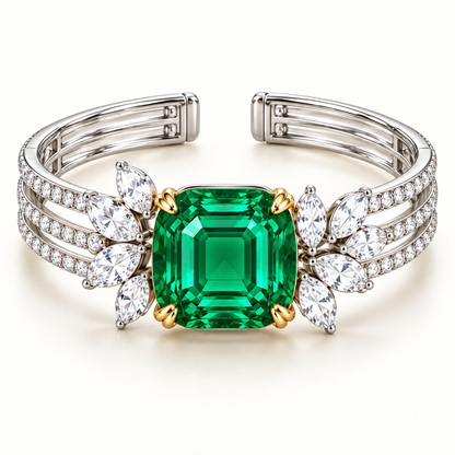 MISSISSI Verdant Laurel GE26-B03, cushion green emerald cuff with white diamond accents; gold-color design visualization.
