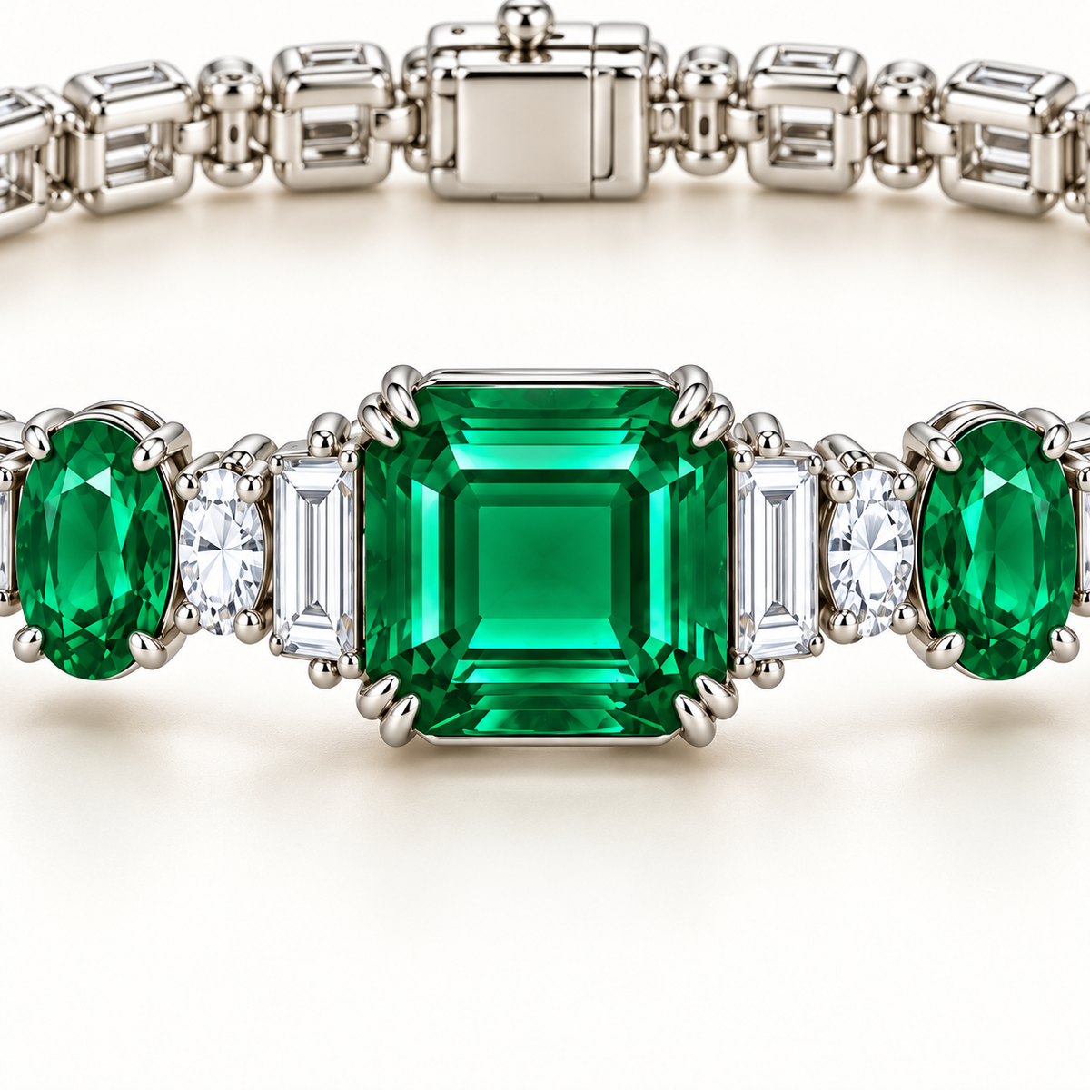 MISSISSI Verdant Trilogy GE26-B04, emerald-cut center setting detail; white-metal design visualization.