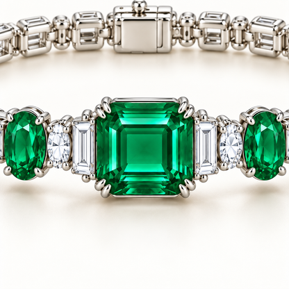 MISSISSI Verdant Trilogy GE26-B04, emerald-cut center setting detail; white-metal design visualization.