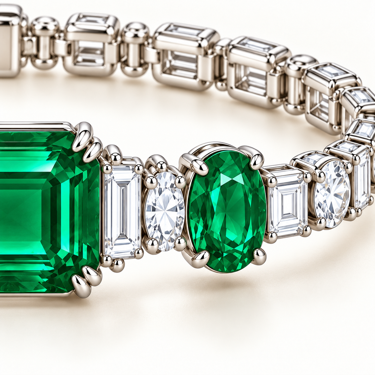 MISSISSI Verdant Trilogy GE26-B04, oval emerald and articulated diamond link detail; white-metal design visualization.