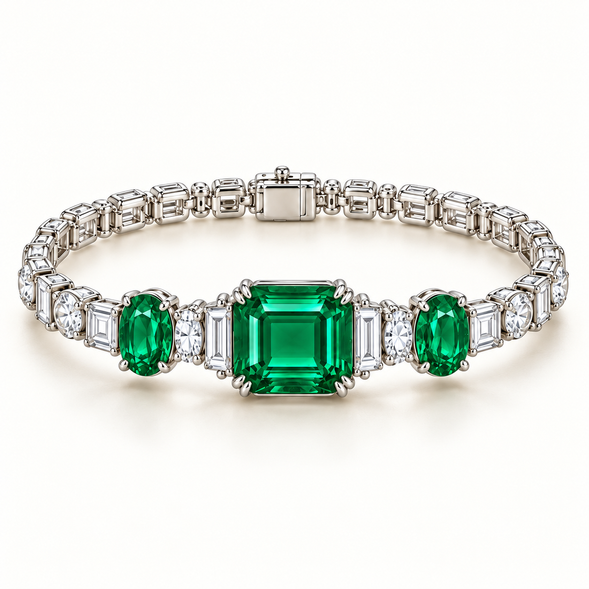 MISSISSI Verdant Trilogy GE26-B04, emerald cut and oval green emerald bracelet with white diamond accents; gold-color design visualization.