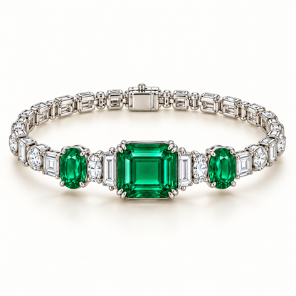 MISSISSI Verdant Trilogy GE26-B04, emerald cut and oval green emerald bracelet with white diamond accents; gold-color design visualization.