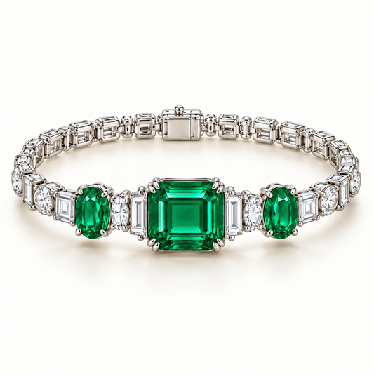 MISSISSI Verdant Trilogy GE26-B04, emerald cut and oval green emerald bracelet with white diamond accents; gold-color design visualization.
