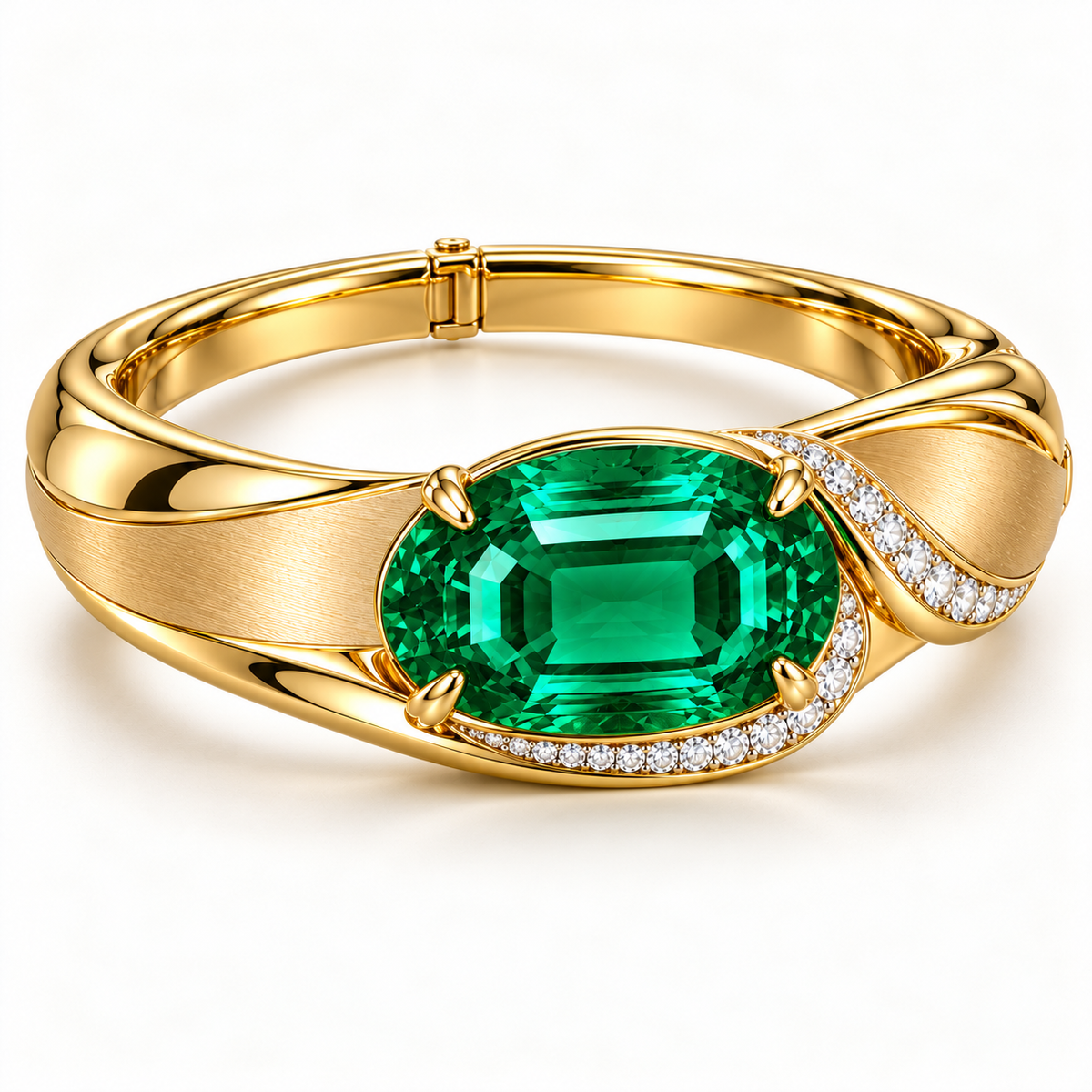 MISSISSI Verdant Fold GE26-B05 yellow-gold emerald bangle, front-left oblique design visualization.