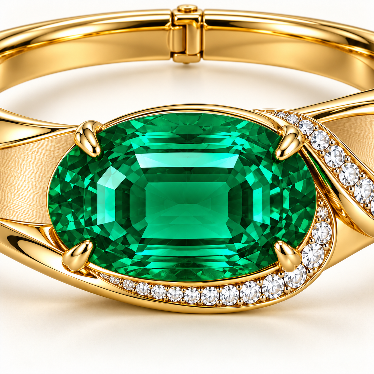 MISSISSI Verdant Fold GE26-B05 oval emerald and asymmetric diamond ribbon setting detail; design visualization.